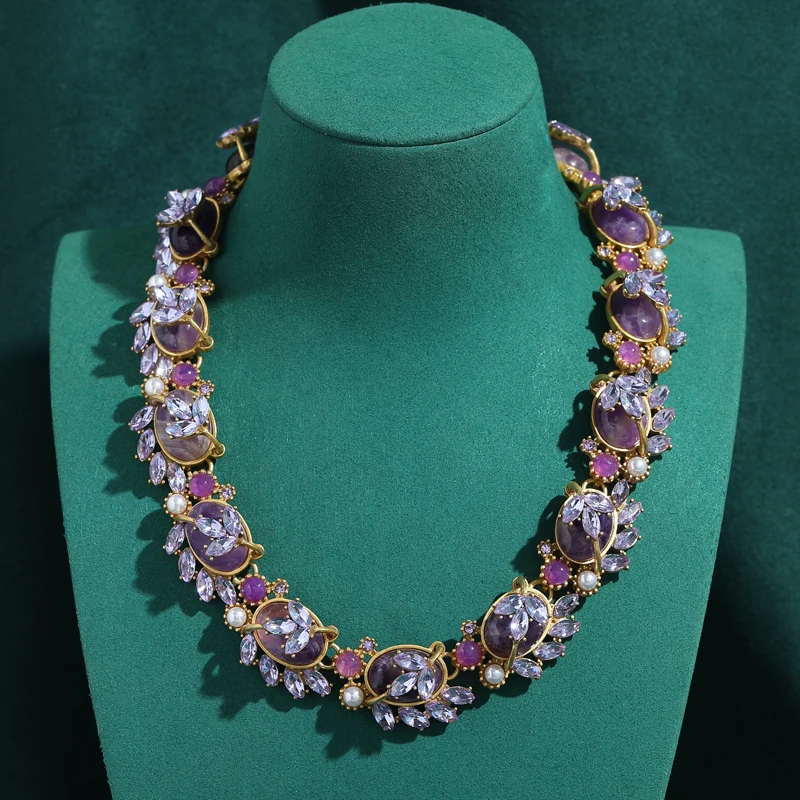 

Choker Vintage Crystal Purple Flower Necklace Natural Stone Beads Decoration Charm Gold Color For Women Anniversary Jewelry 2026