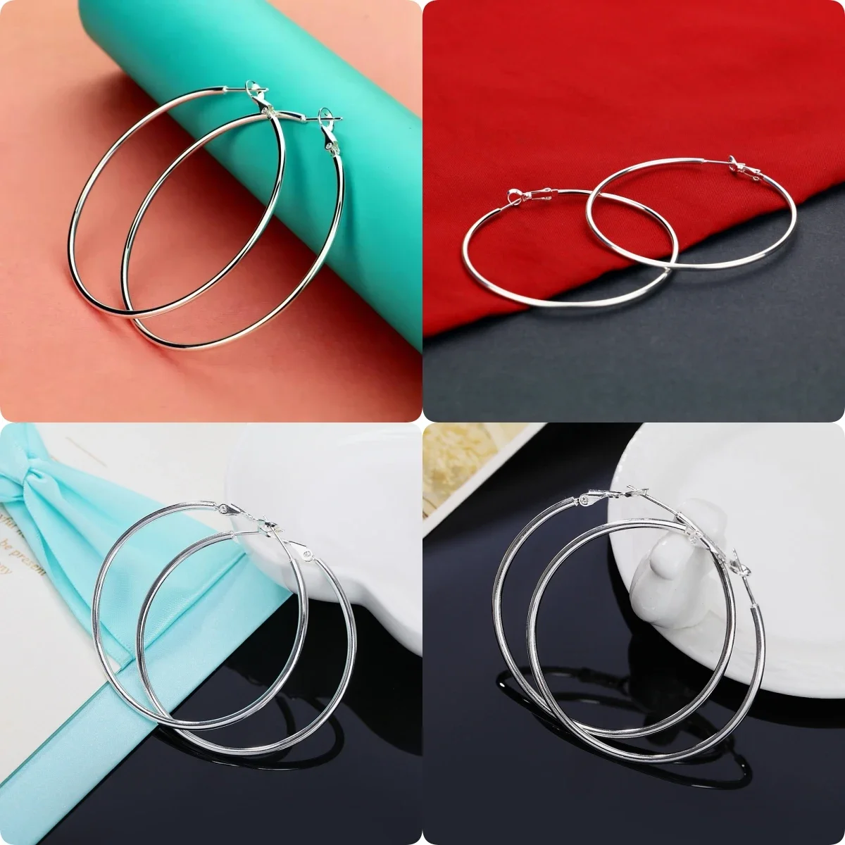 

925 Sterling Silver fine 8CM Big circle hoop Earrings for Women Fashion Party Wedding Accessories Jewelry Christmas Gifts