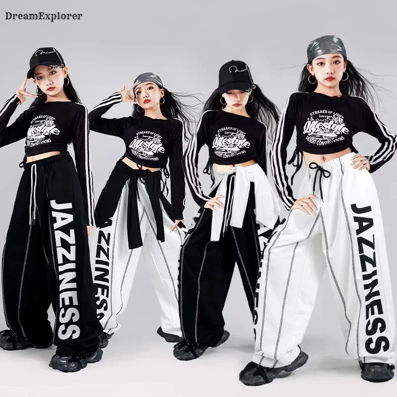 Girls K-pop Crop Top Fashion Letters Joggers Pants Children Hip Hop Streetwear Clothes Sets Kids Cool Girl Group Jazz Costumes