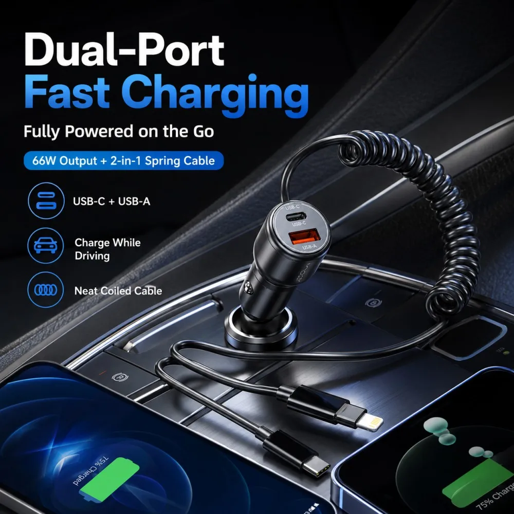 Vyvylabs 66W Car Charger USB C USB A Dual Port Fast Charging Adapter with 2 in 1 Coiled Cable 110cm for 12V 24V Cars Trucks SUVs