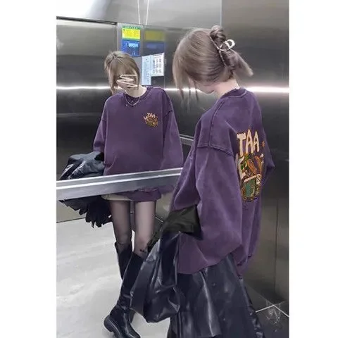 

Женская одежда Весна Осень Модный тренд Универсальный модный принт Сплошной цвет с круглым вырезом и длинными рукавами Свободный пуловер Lazy Wind