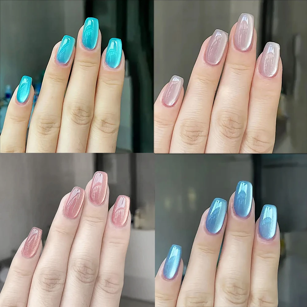 24Pcs Short Square Water Light Blue Cat Eye Press on Nails Glossy Reusable Full Cover False Nails Finished Wearable Nail Tips