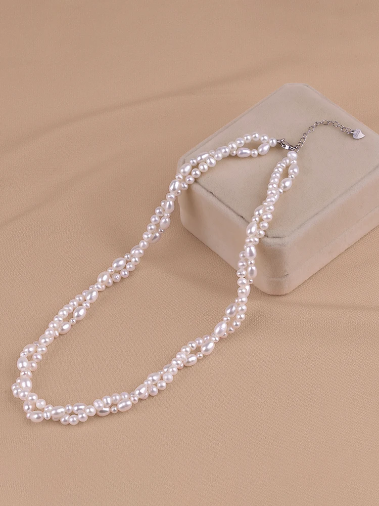 4-5mm round flawless with oval vintage 2-deck shining nature freshwater Pearl 925sliver necklace for Women Girl's choker jewelry