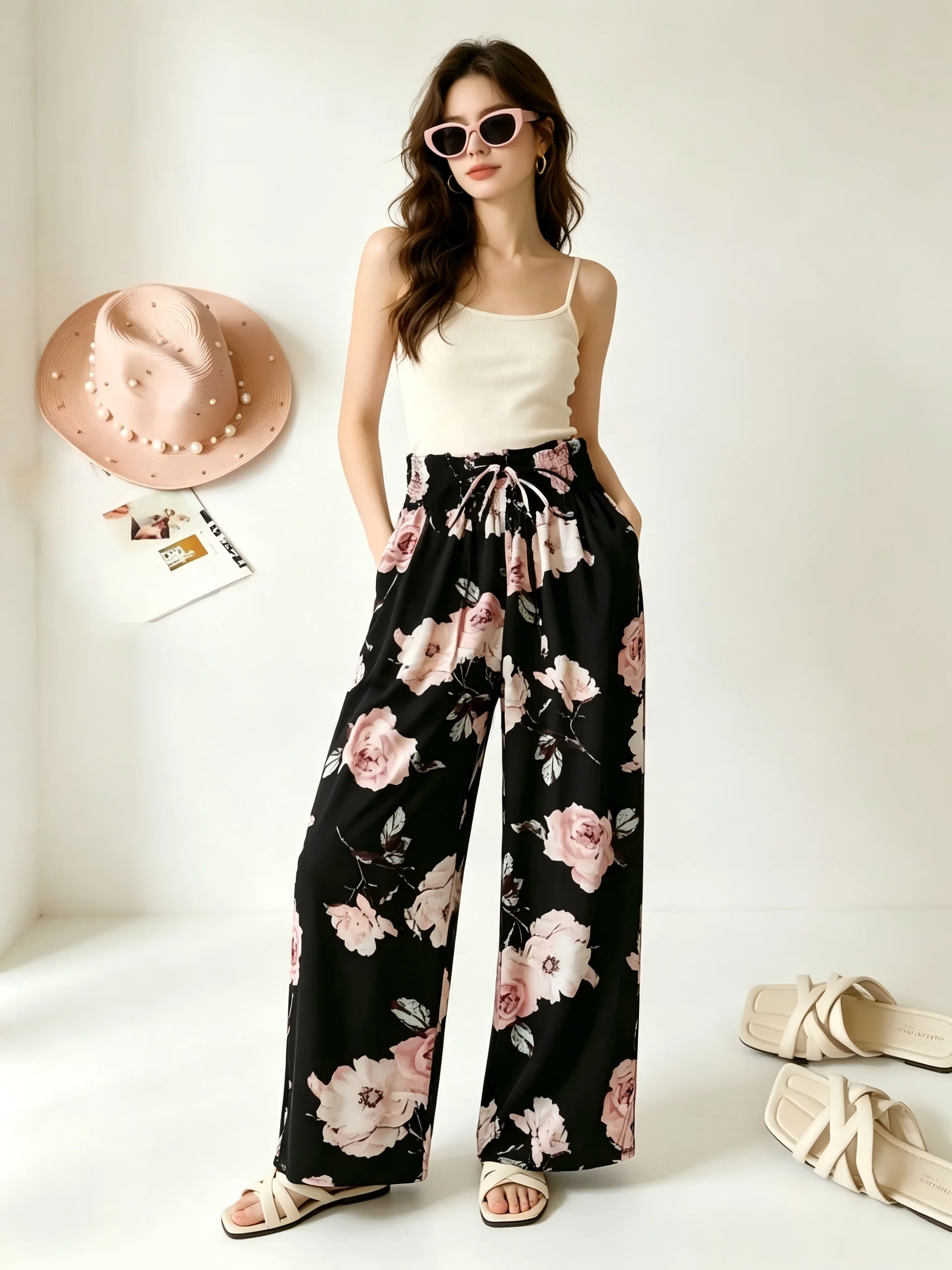 

Wide Leg Pants Boho Floral Print Soft Fabric Bow Shirred High Waist Holiday Travel Plus Size Women All Season