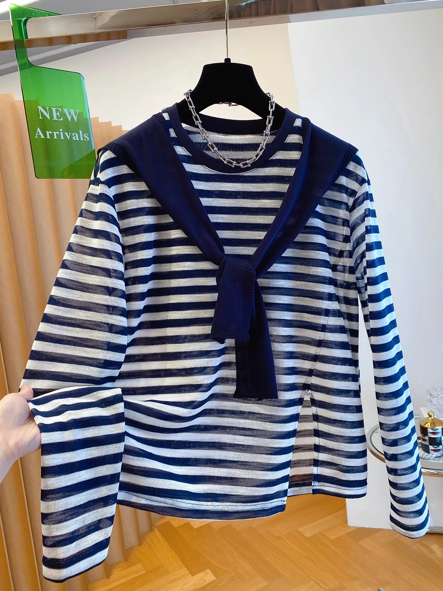 Loose Korean Sle Women's T-irt Set with oulder awl Striped Long Sve round Ne Top plus Size Autumn Early Faion