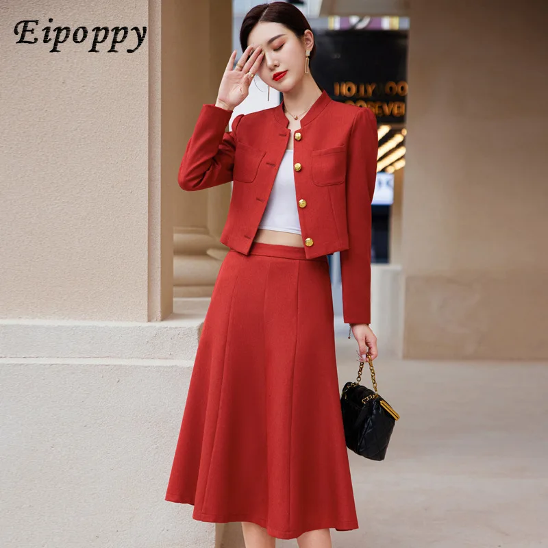 

Office Lady Skirt Suits French Style Two Piece Set Women O Neck Single Breasted Short Blazer + A Line Skirt 2 Piece Outfits