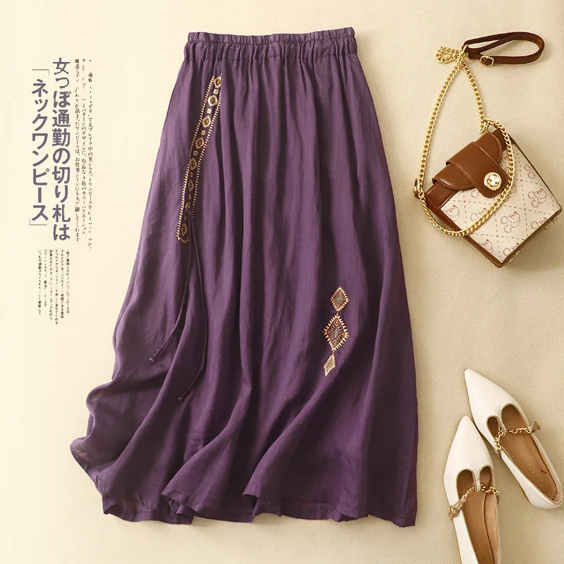 Summer New Solid Color Ramie Embroidery Skirt for Women Thin Ethnic Style Double-layer Skirt