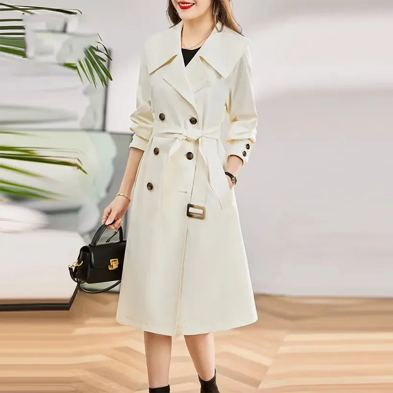 

Spring Autumn Double-breasted Women Trench Long Sleeves Large Size 4XL Lined Lady Outwear Medium Long Styles Female Windbreaker