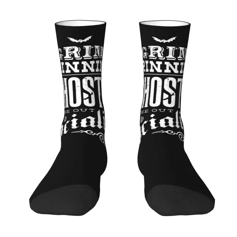 Funny Printed Haunted Mansion Grim Grinning Ghosts Socks for Women Men Stretch Summer Autumn Winter Crew Socks