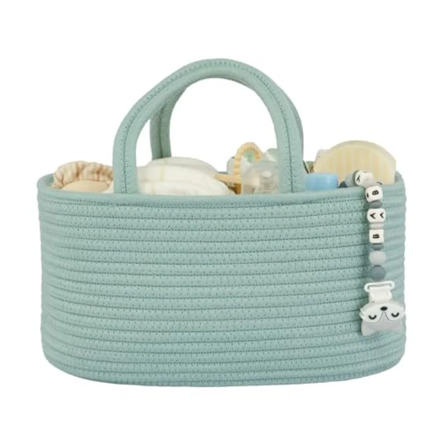 

Diaper Caddy Organizer for Baby Cotton Rope Nursery Storage Bin Basket Portable Holder Tote Bag for Changing Table Car Travel B