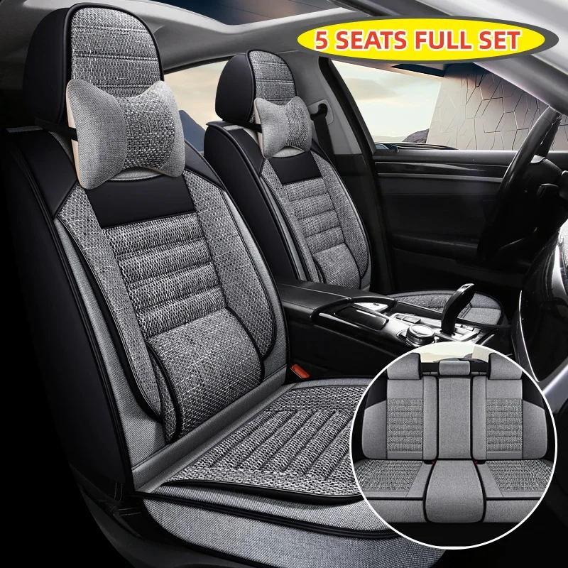 (Comfort Edition) Full Five-Seater Set, with 2 Comfortable Headrests, Luxurious Linen Fixed Lumbar Support, All-Inclusive Car Seat Covers, Comfortable, Breathable, and Wear-Resistant, Suitable for All Seasons, Three-Dimensional Design That Fits the Seat, Fixed Lumbar Support with Wing Support, Enhances Your Driving Experience, Suitable for Various Models Such as Sedans, Suvs, Trucks