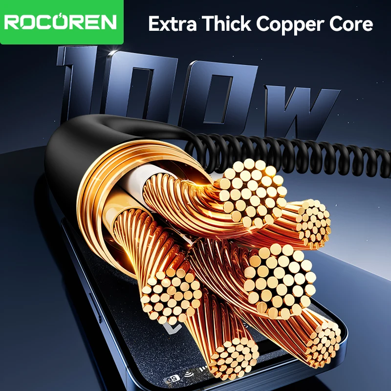 Rocoren PD 100W USB C para Tipo C Cabo de mola de carregamento rápido Cabo de dados flexível para iPhone 16 15 pro MacBook Samsung Xiaomi