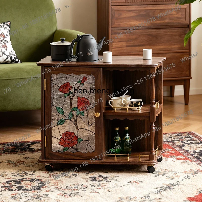 

North American Black Walnut Retro Style Josephine Tea Cabinet Solid Wood Movable Living Room Tea Room Side Cabinet Table
