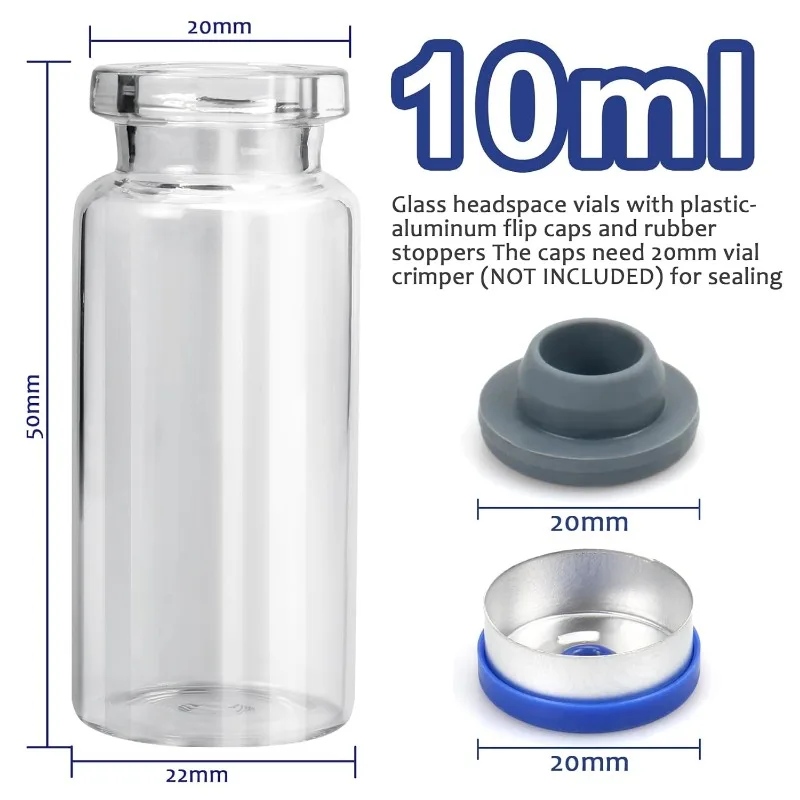 100 Pack Glass Vials Clear Glass Headspace Vial with Plastic-Aluminum Flip Caps, Rubber Stoppers and Label Papers, （10ml）