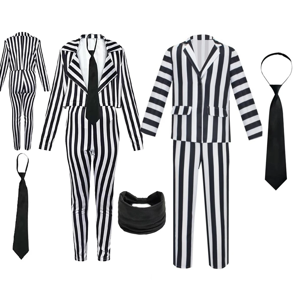 

Wholesale Halloween Horror Scray Cosplay Role Play Black White Vertical Stripes Suit Stage Costume Adult Women Irregular Lines
