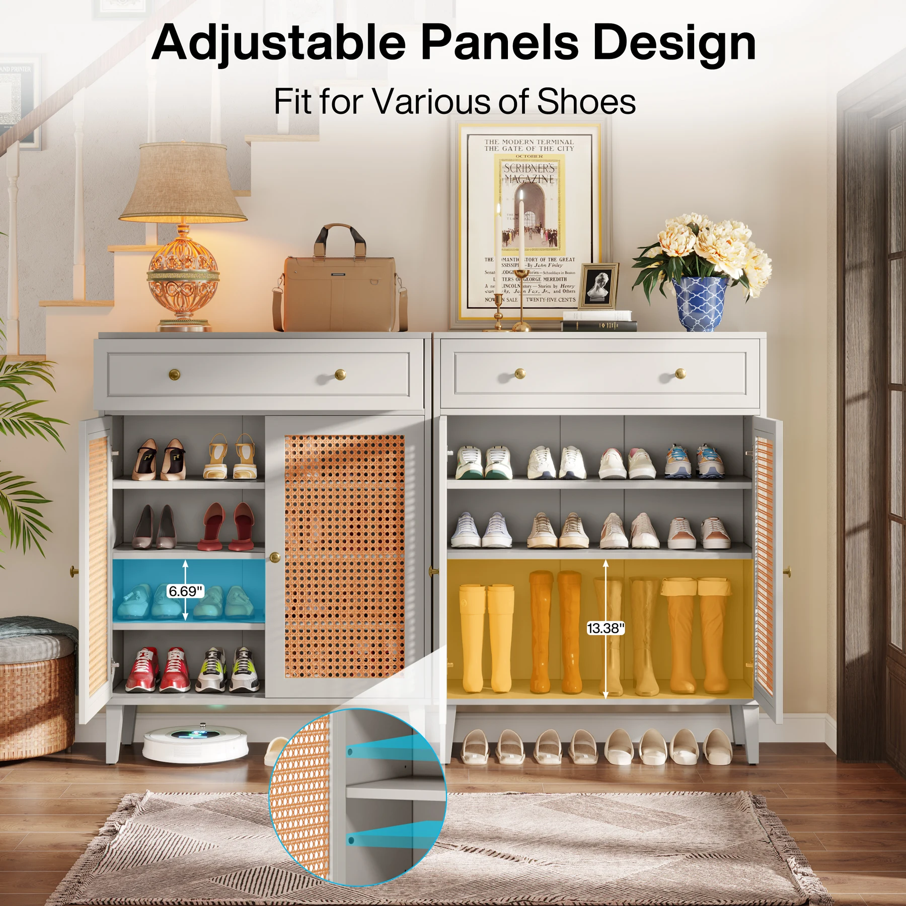 Shoe Cabinet with Doors and Drawer, Modern Shoe Storage Cabinet for Entryway, Mint Green Rattan Shoes Cabinet