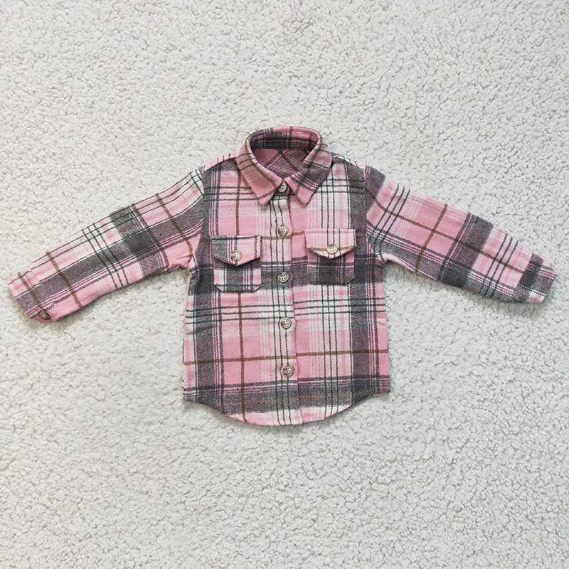 Newborn Baby Blouse Flannel Bodysuit Girl Pocket Pink Plaid Button Up Infant Long Sleeve Shirt Toddler Children Cotton Clothes