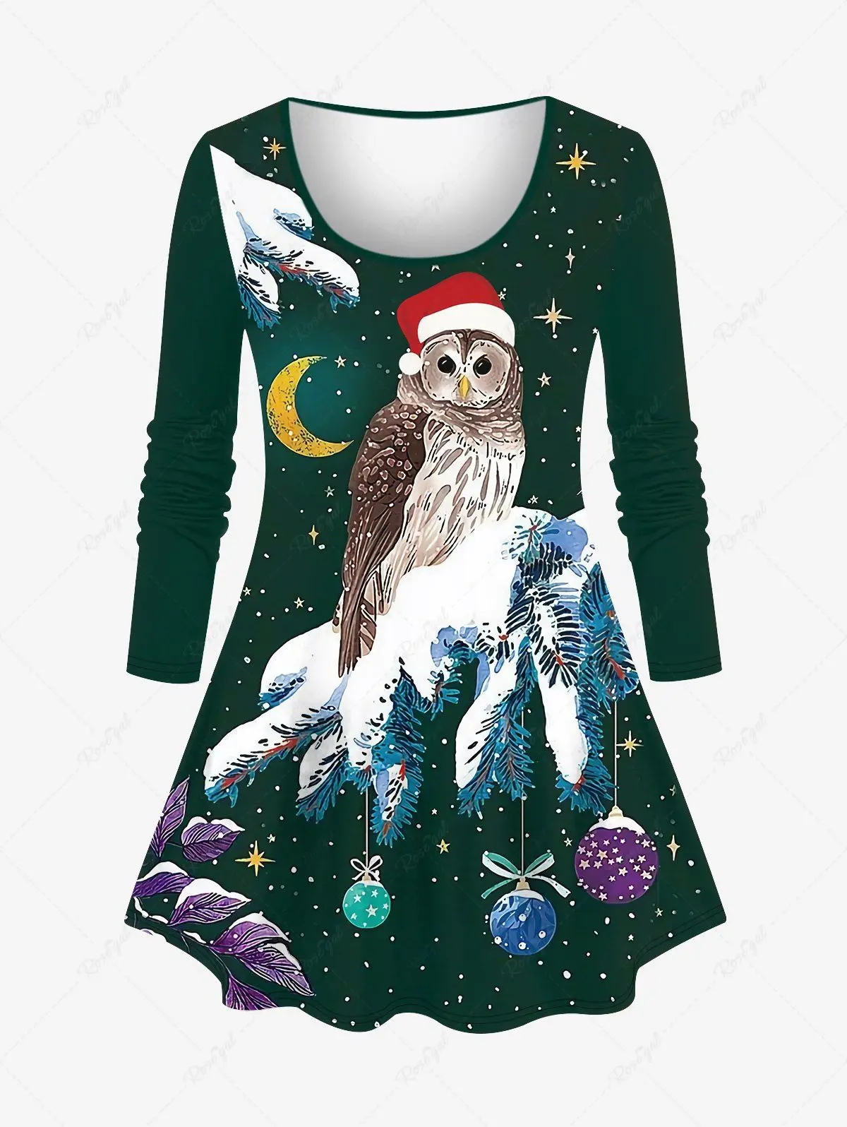 Casual Matching Set for Women, Christmas Hat Tree Ball Snow Moon Stars Galaxy Owl Leaf Print, Long Sleeves T-shirt or Flare Pant