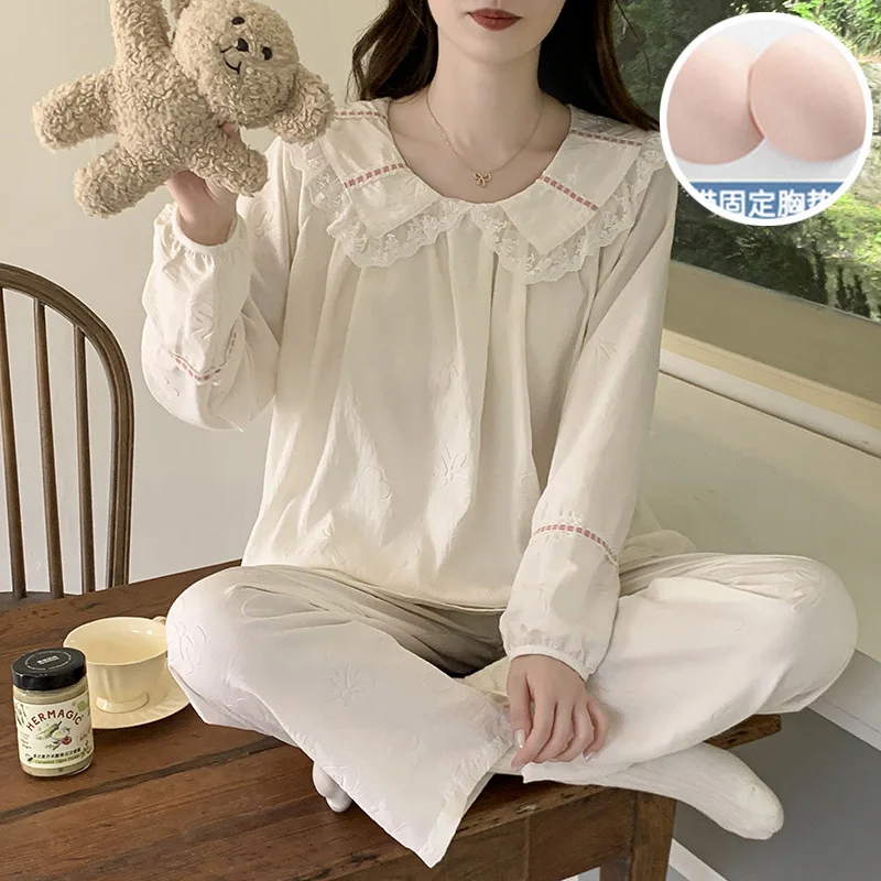 

Spring Pajamas Women with Chest Pads Cloud Cotton Sleepwear Doll Collar Princess Style Loungewear Long-sleeved Pjs Two-Piece Set
