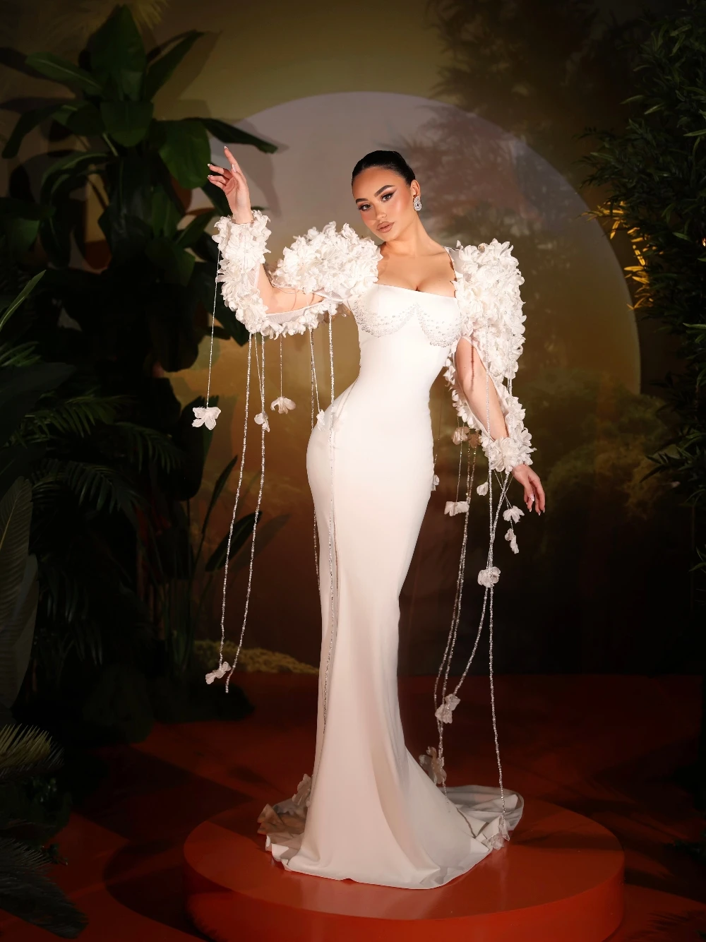 Fashion Square Neck Fitted Mermaid Wedding Dress With 3D Flower Sleeves Beaded Tassel White Satin Bridal Gown Customized