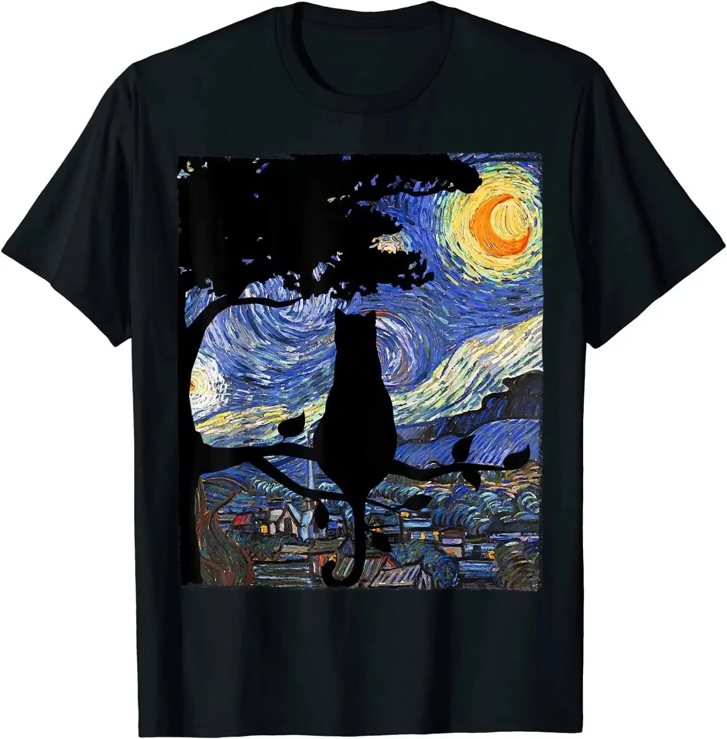 Cat Starry Sky Print Graphic Tee Round Neck Harajuku Street Style Classic Casual Cat Lover F Tun Gift Summer Streetwearops