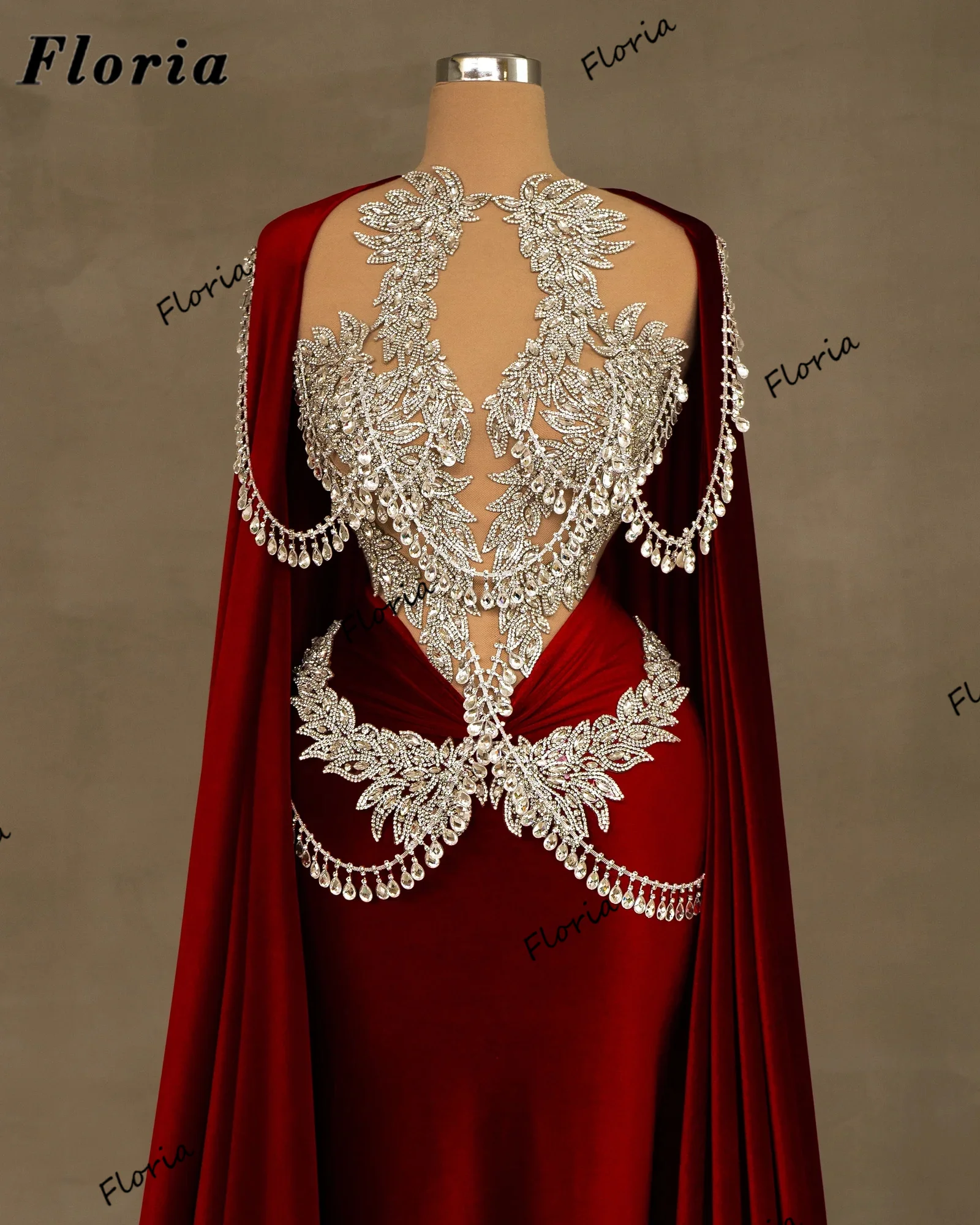 Kaftans Red Velvet Evening Dresses 2024 Haute Couture Diamonds Beaded Pageant Party Dress Robes De Soiree Dubai Women Prom Dress