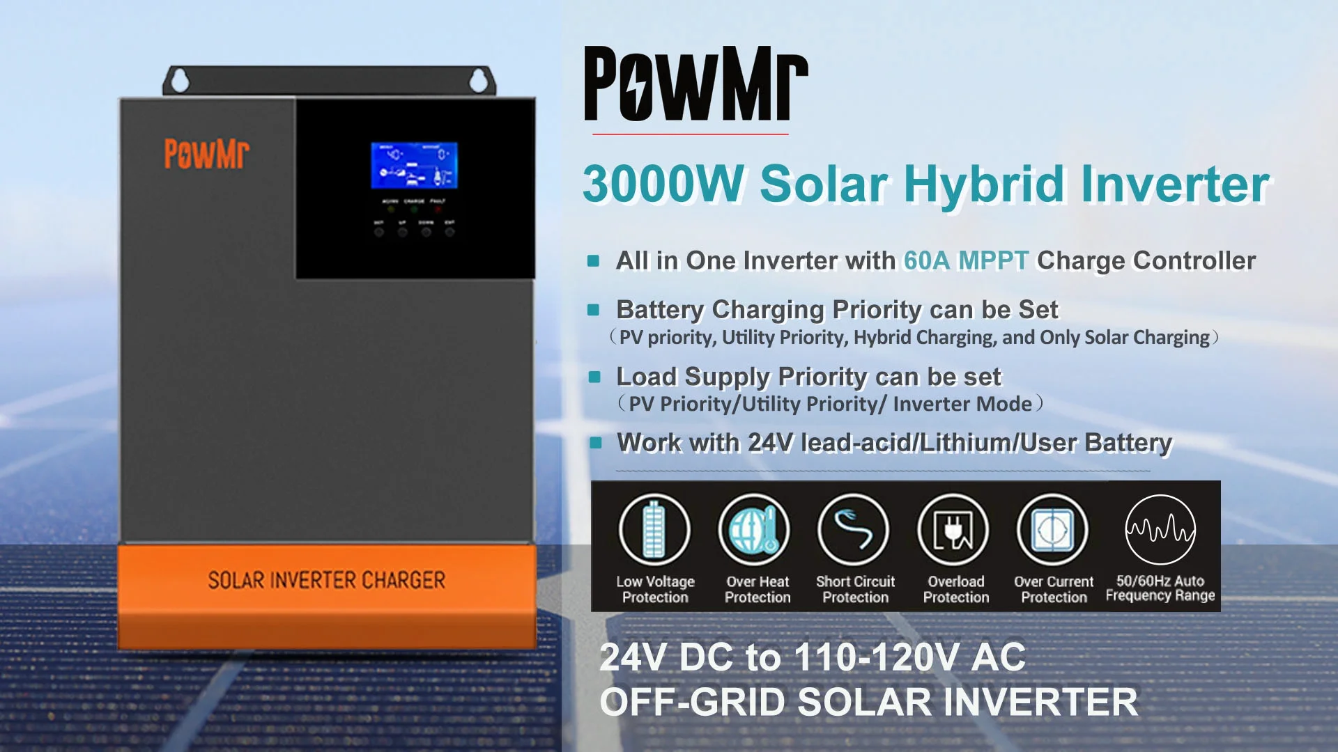 

In Stock!! Shenzhen PowMr 3000W 3000VA Power 60A MPPT Charge Controller 24V 110VAC 145VDC Hybrid Solar Charge Inverter