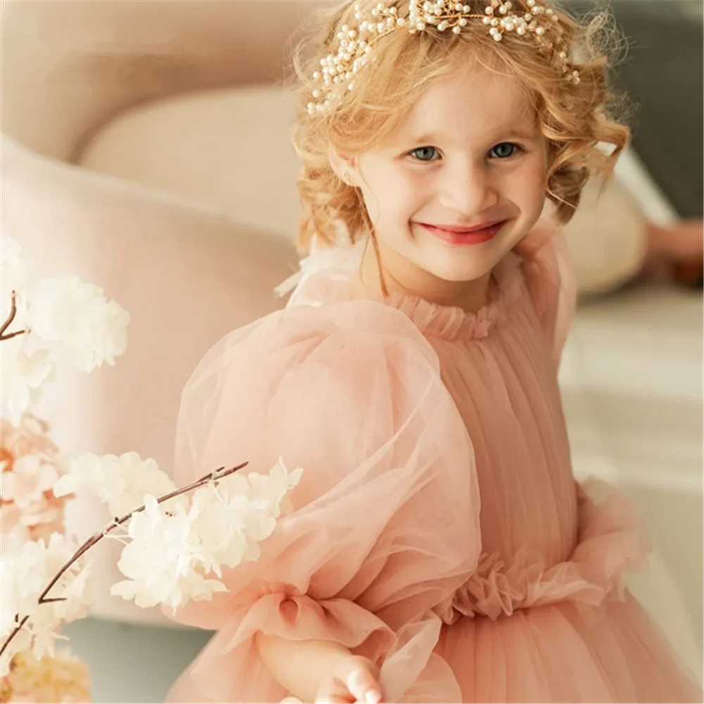 Pink Tulle pleated Girl Dresses Ball Gown Half Sleeve For Wedding high neck Birthday Party Banquet Princess girl Gowns