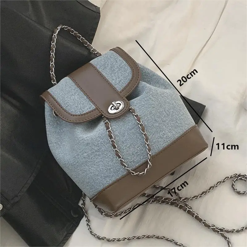 Y2K Style Flap PU Leather Patchwork Denim Backpacks Fashion Chain Drawstring Double Shoulder Bucket Bags Casual Brown Handbags