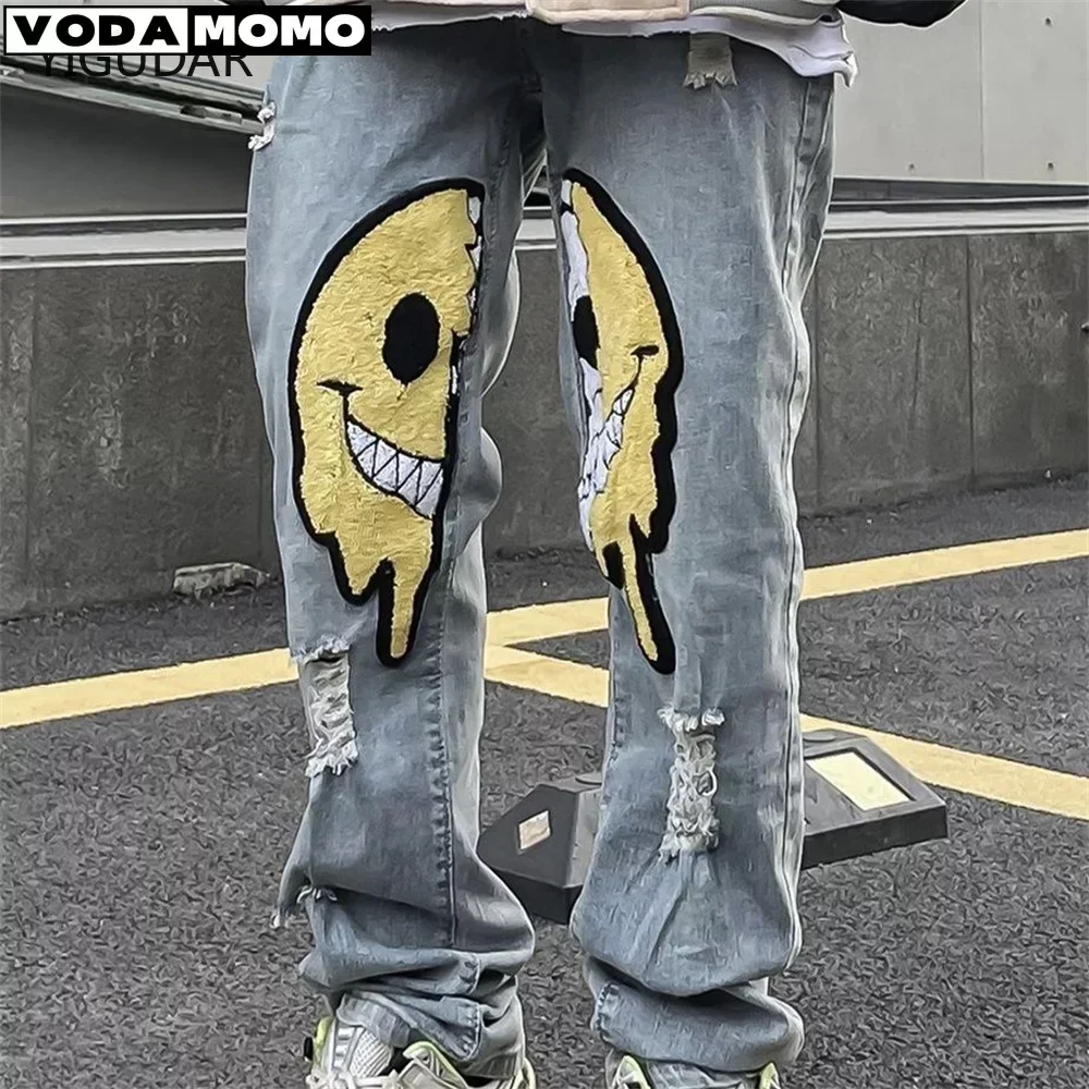 

American style high street style jeans men summer smiling face with holes sense versatile crowd loose straight mop pants y2k