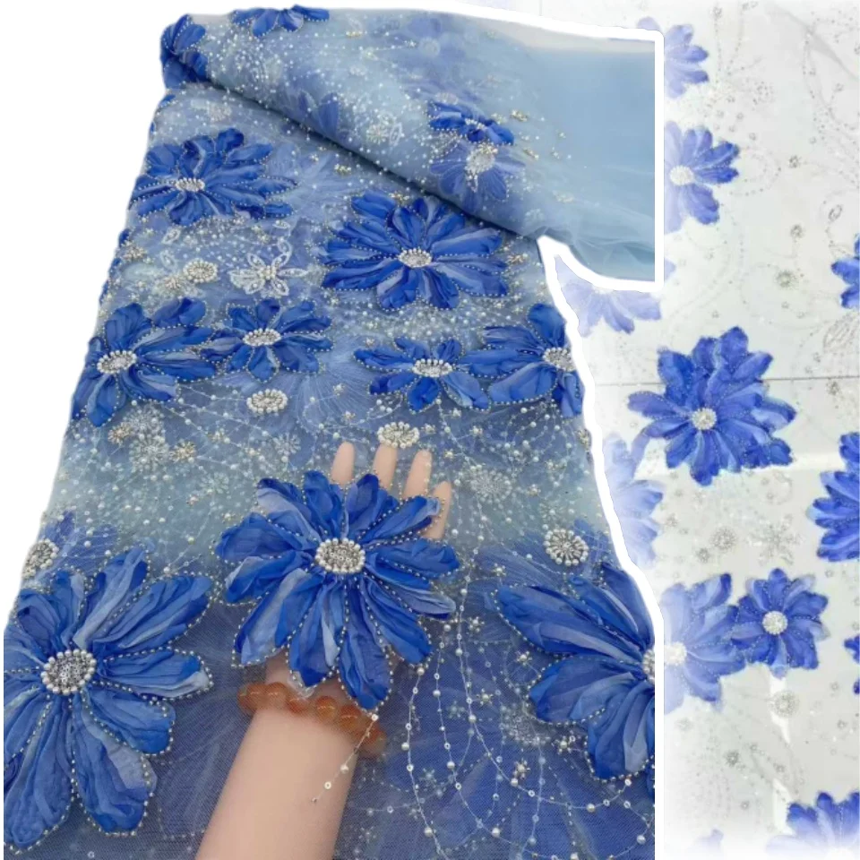 

Бирюзово-зеленый африканский 3D вышитый цветок, сетка, бусины, ткань с блестками, нигерийское свадебное платье, вышивка, ткань для одежды TP1622