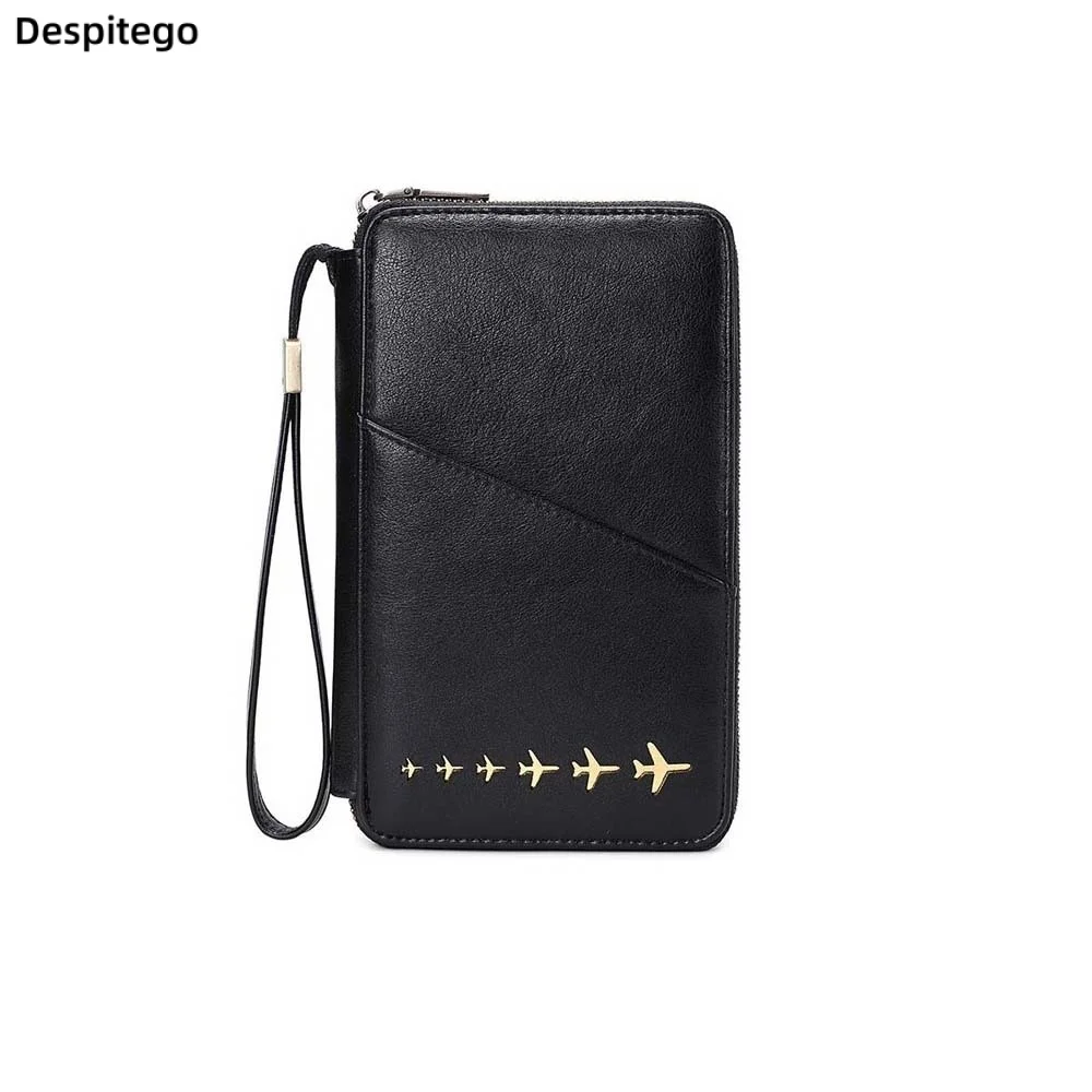 

Anti-theft RFID Travel Wallet Faux-leather Multi-pocket Airplane Passport Case Wristlet Vintage Passport Cover Zipper Couples