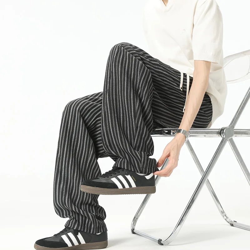 Men's Pants Black/White Plus Size 5XL-M Summer Thin Men Striped Pants Old Money Style Loose Casual Breathable Drape Trousers Man