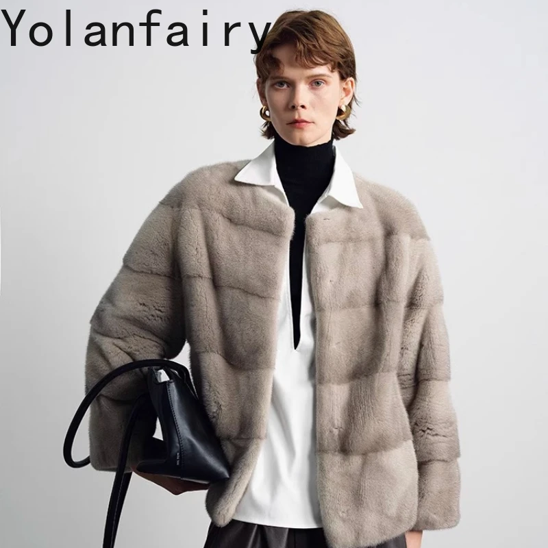 معطف YOLANFAIRY للخريف والشتاء مستورد من فرو المنك المخملي بالكامل سترة سميكة برقبة دائرية للركاب من فرو المنك شوروبا اغنائية 2025