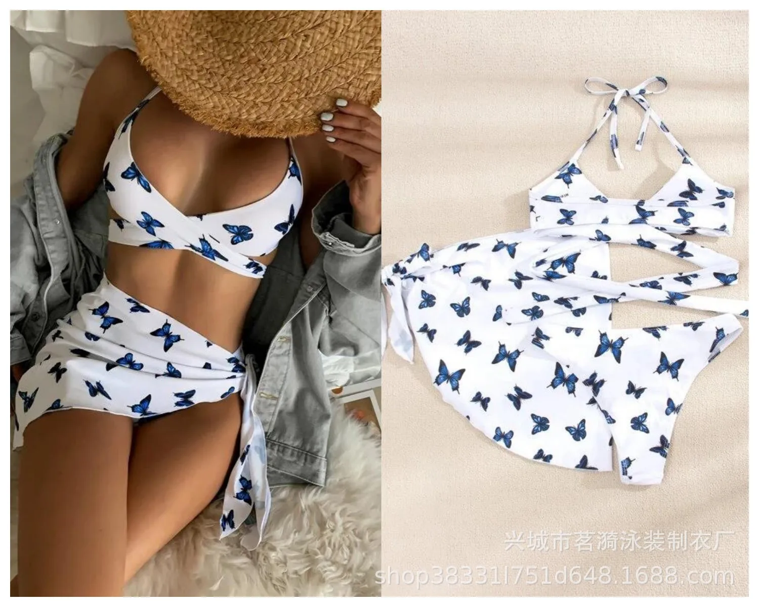 

Женский купальник в европейском и американском стиле, сексуальный, модный, с бабочками, высококачественный, бикини, раздельный, из трех частей, для плавания