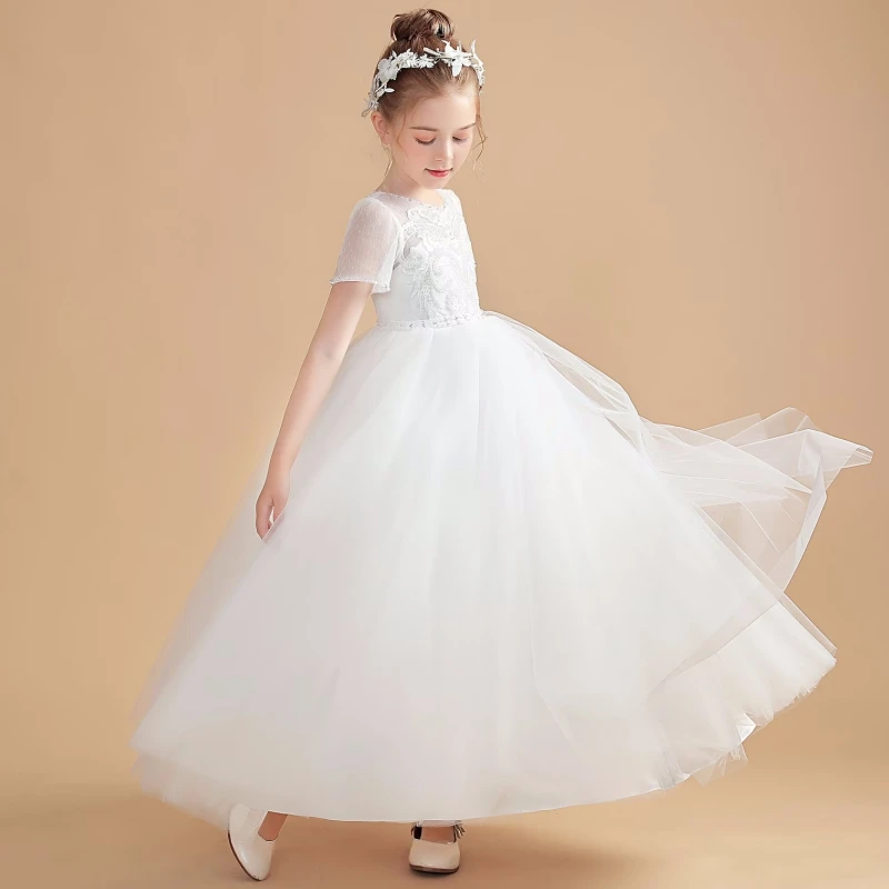 White Flower Girl Dresses Tulle Appliques Short Sleeve For Wedding Birthday Party First Communion Gowns