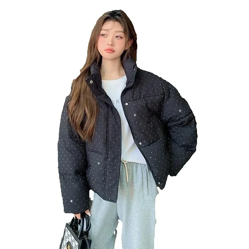 

Autumn Winter shor Cotton Jacket Women 2025 New Fashion Loose Pure Colour Black Stand-Up Collar Cotton Coat Outerwear Female