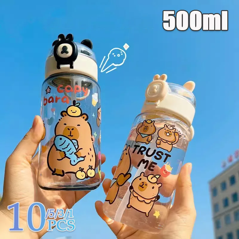 

1-10PCS Capybara Cartoon 550ml Portable Large-capacity Water Bottle Sports Straw Cups Student Plastic Water Cups Water Bottle