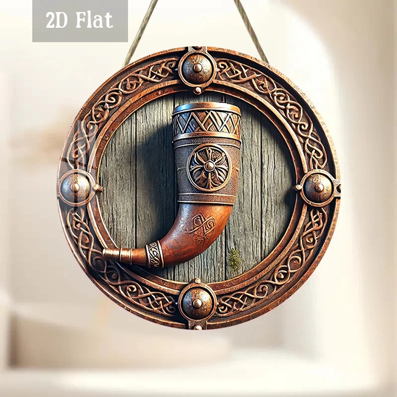 2D Flat, 1pc Viking Celtic Knot Wall Panel - Round Vintage Norse Art with Viking Horn & Celtic Knot Ornament, Metal Hanging Acce