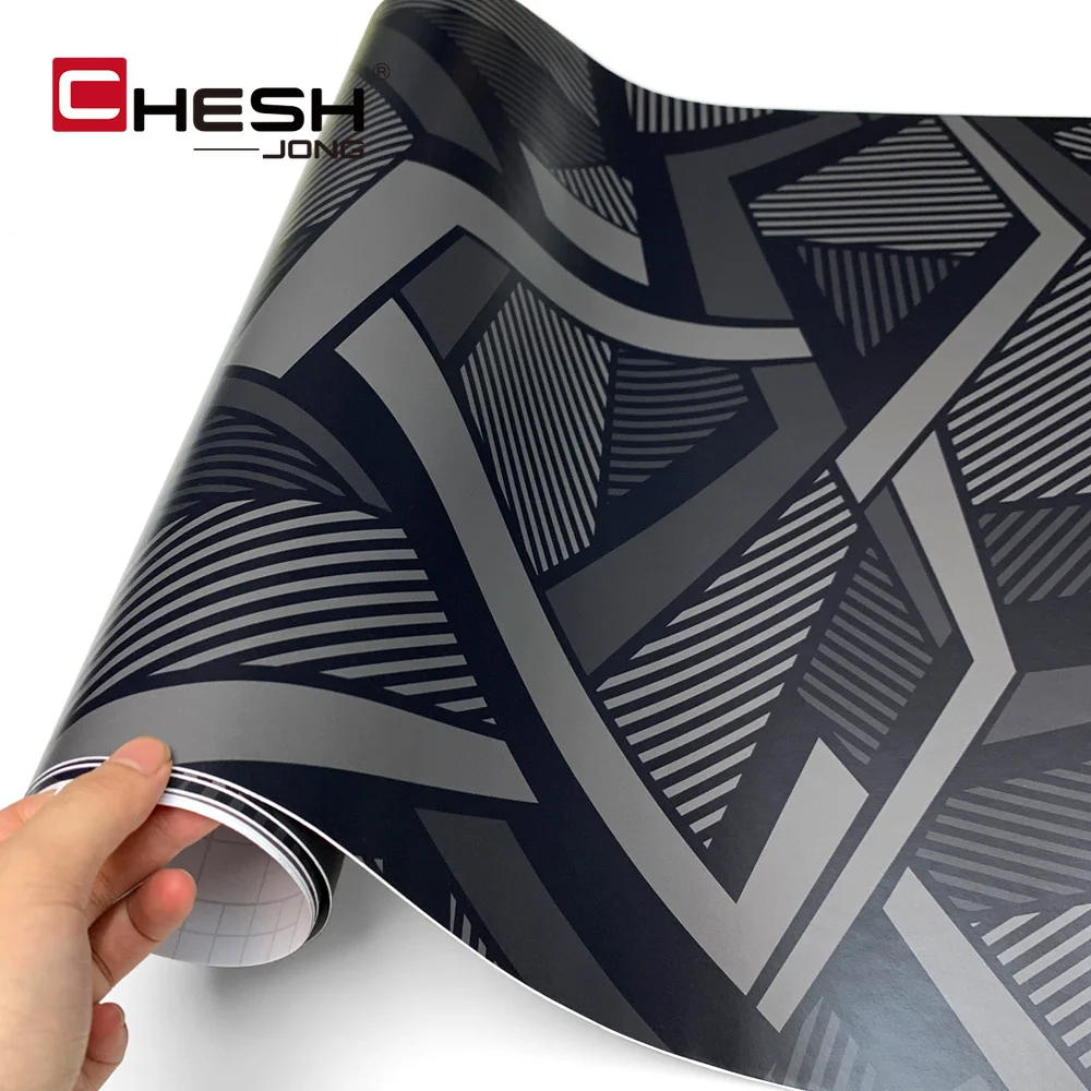 Black Grey Polygon Sport Camo Car Vinyl Wrap Air Release Bubble Free Film Geometric Stripe Camouflage Auto Partial Tuning Decal