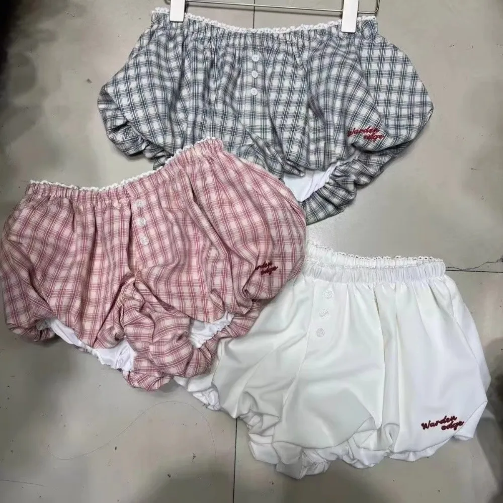 Neue Y2k Retro-Karo-Shorts im süßen Stil, koreanischer Chic, Shorts mit elastischem Bund, Vintage-Design, lässige Bloomer-Shorts für den Alltag. – Detail 2