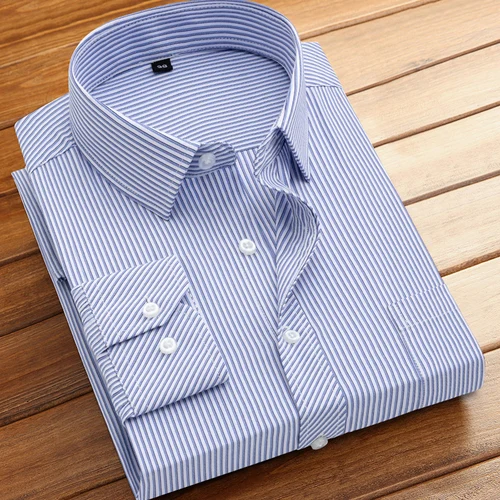 Camisas de vestir básicas a rayas clásicas de manga larga de algodón para hombre, camisa Formal de oficina de ajuste estándar de negocios con un solo bolsillo tipo parche