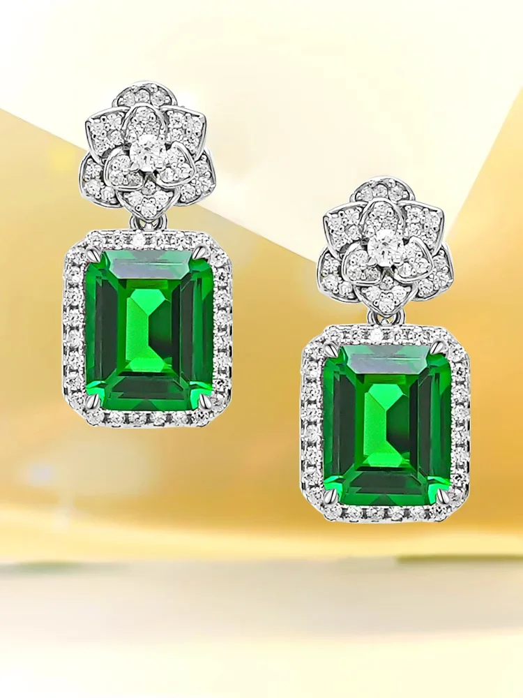 

Flower earrings 925 pure silver inlaid with emerald light luxury earrings versatile, niche temperament, high-end feeling