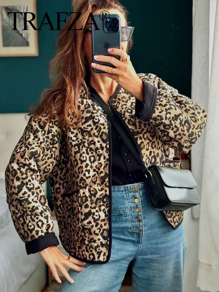 TRAFZA 2024 Casual Leopard Print Cotton Coats For Women Autumn Single-Breasted Pockets Long Sleeves O Neck Street Fashion Jacket