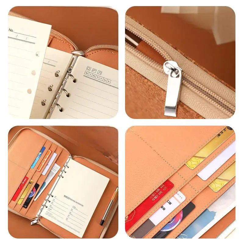 New Wood color scheme A5 Leather Binder Notebook  Album Organizer Budget Planner PU Leather Cover with Zipper 6 Rings Refillable