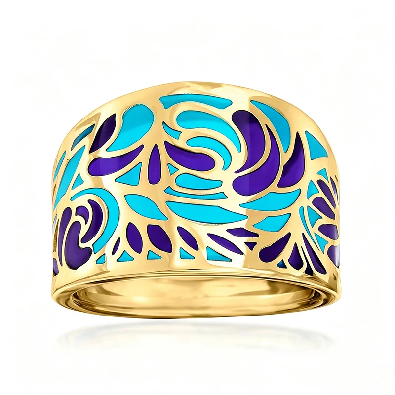 Huitan Abstract Floral Blue Purple Enamel Rings for Women Wide Band Hollow Cutout Statement Bohemian Female Finger Jewelry Gift