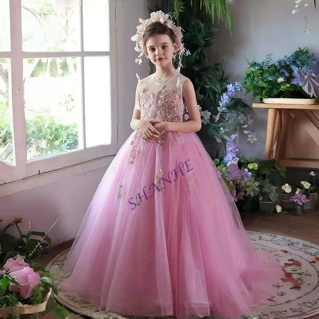 Customized Pink Flower Girl Dress Beading Appliques Long Princess Children Wedding Birthday Party Pageant Formal Gown