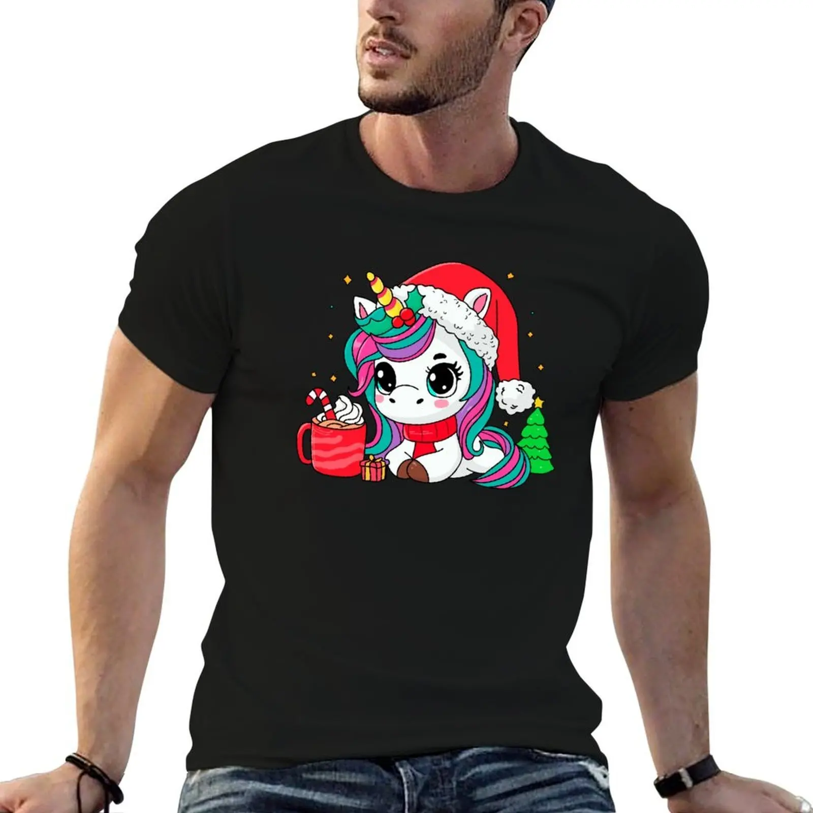 

Christmas unicorn with chocolate T-Shirt anime tshirt men t shirt cotton 100% T-Shirt