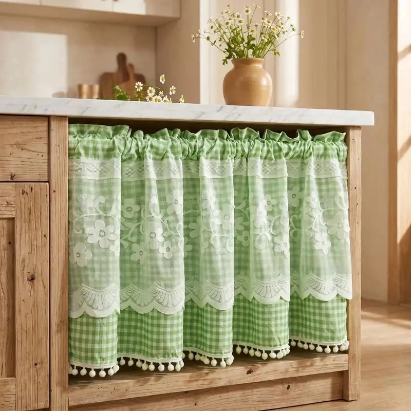Kitchen Short Curtain Lace Embroidery Half Curtain Rod Pocket Light Filtering Decor Curtain For Cabinet Window Home Decor Use