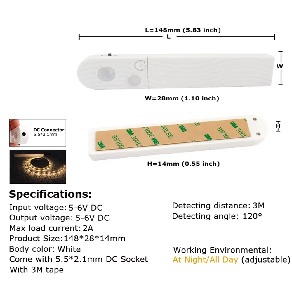 Tira de Luz LED COB de 5V, 320 LED/m, Sensor de Movimiento PIR, Cinta Flexible Autoadhesiva, Alimentada por Batería, para Iluminación de Gabinetes de Cocina